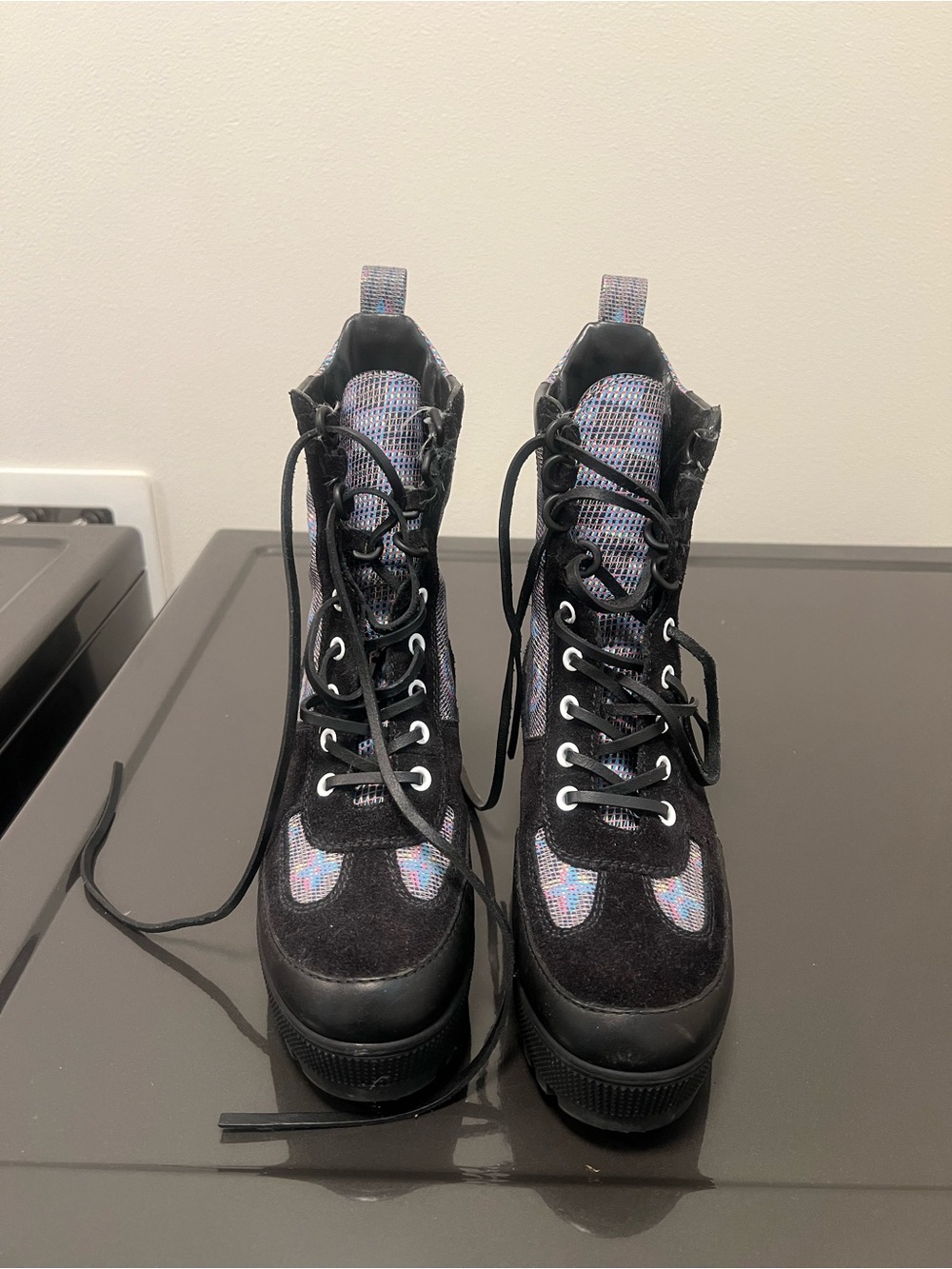 Louis Vuitton 2019 monogrammed Black Iridescent Accent Combat Platform Boots